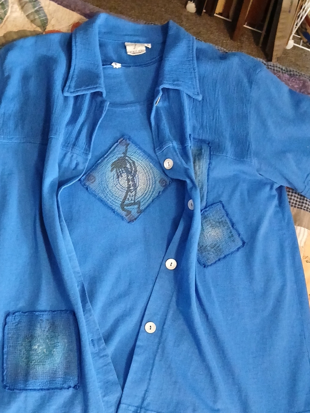 Focus Womens Blue Button-Up Shirt & Tank Top Dress, Embroidered Patch Details
